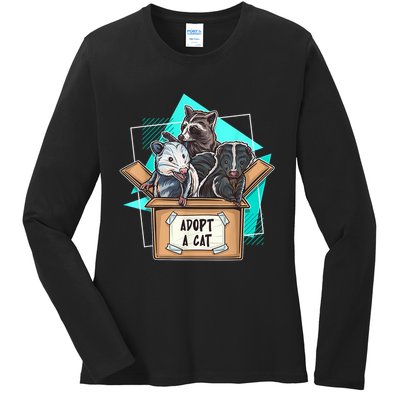 Adopt A Cat Raccoon Opossum SKunk StreetCat Trash Panda Ladies Long Sleeve Shirt