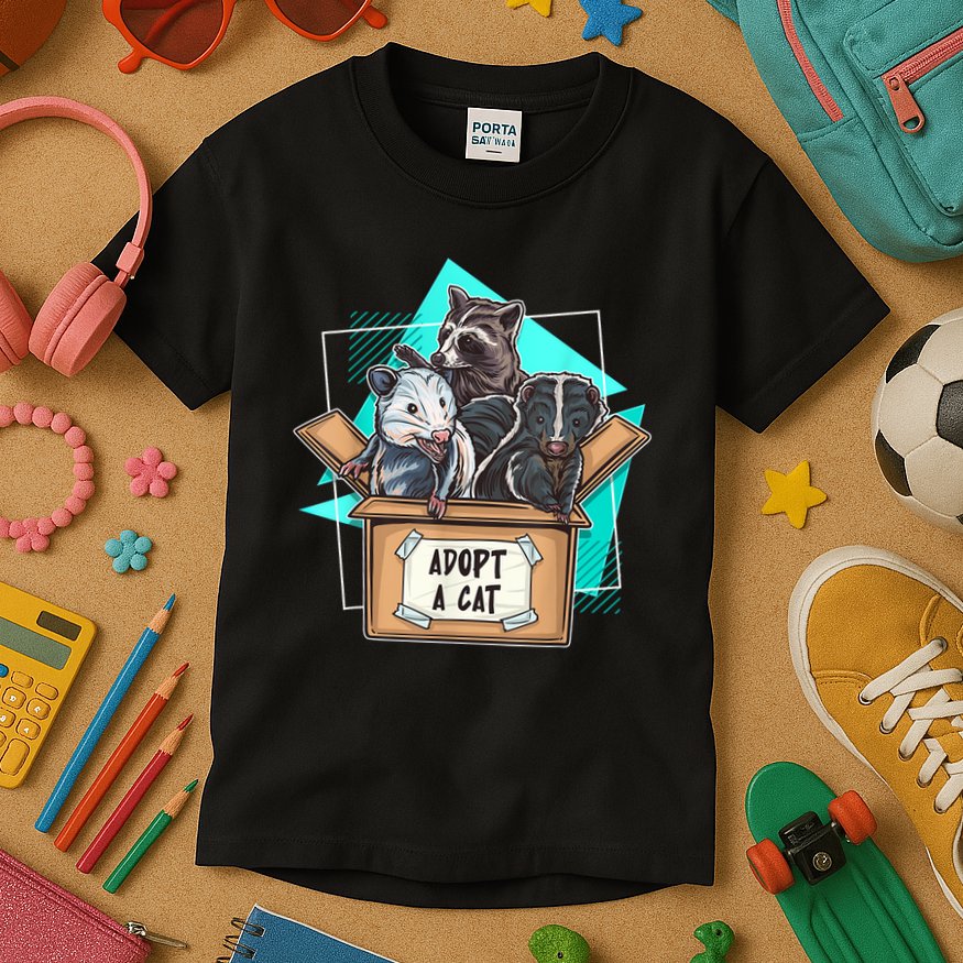 Adopt A Cat Raccoon Opossum SKunk StreetCat Trash Panda Kids T-Shirt