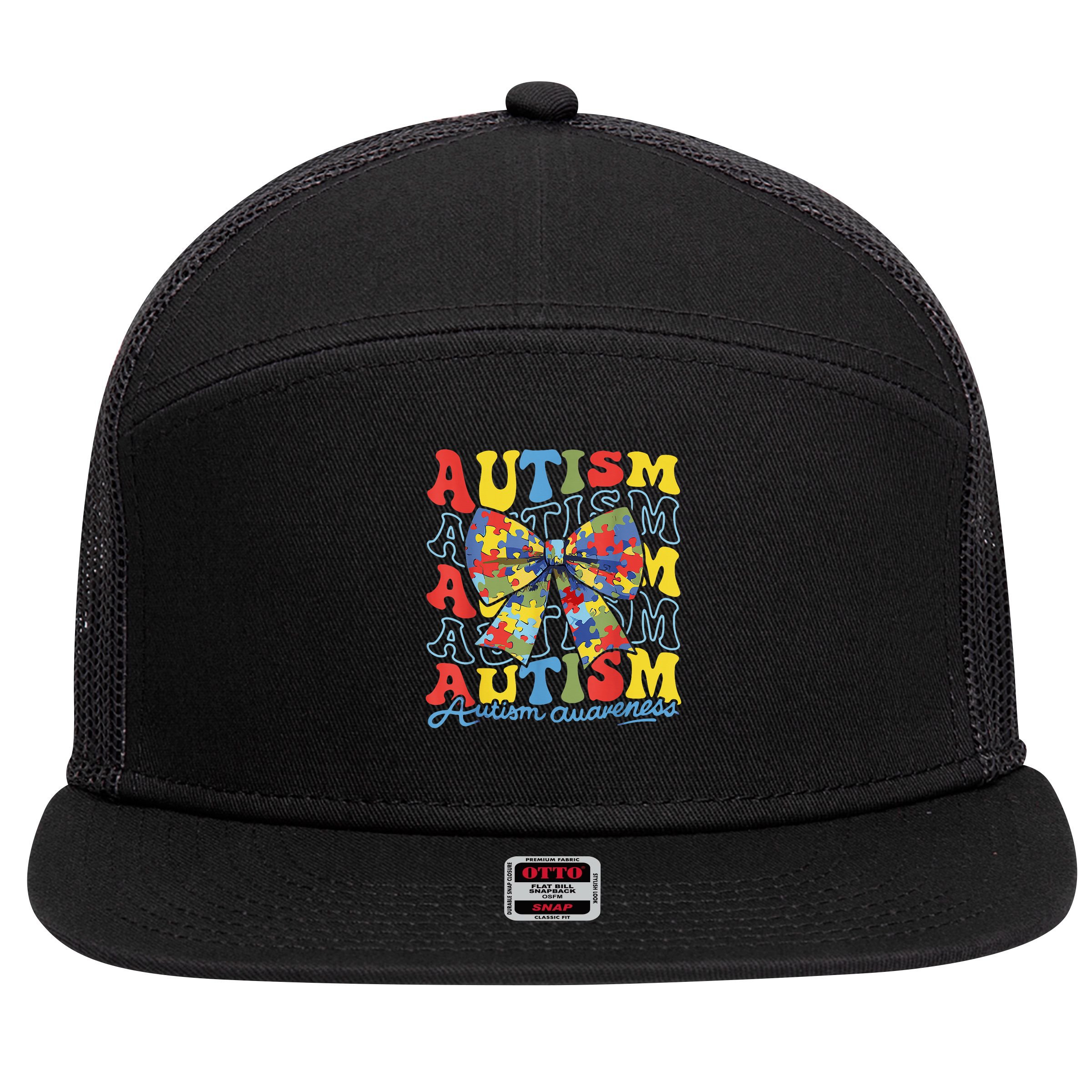 Autism Awareness Coquette Bow Autism Awareness Day Puzzle 7 Panel Mesh Trucker Snapback Hat