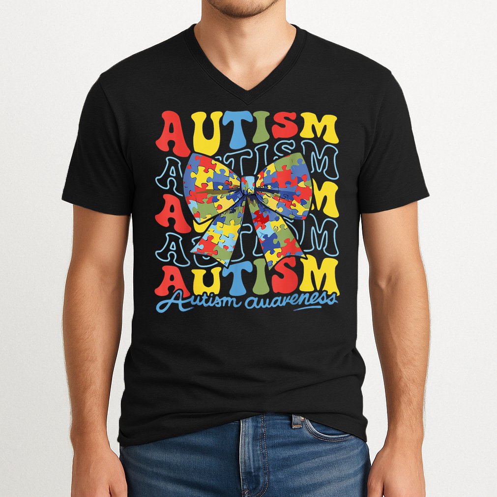 Autism Awareness Coquette Bow Autism Awareness Day Puzzle V-Neck T-Shirt