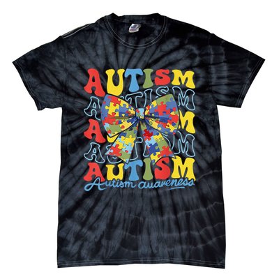 Autism Awareness Coquette Bow Autism Awareness Day Puzzle Tie-Dye T-Shirt