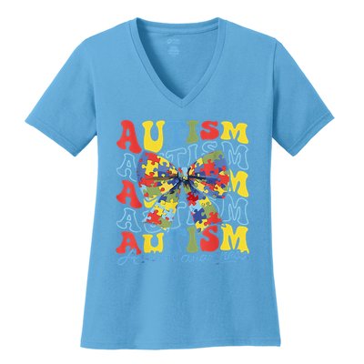 Autism Awareness Coquette Bow Autism Awareness Day Puzzle Women's V-Neck T-Shirt