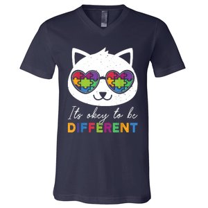 Autism Awareness Cat Warrior It's Ok To Be Different V-Neck T-Shirt