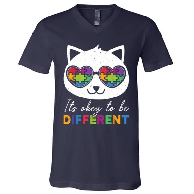 Autism Awareness Cat Warrior It's Ok To Be Different V-Neck T-Shirt