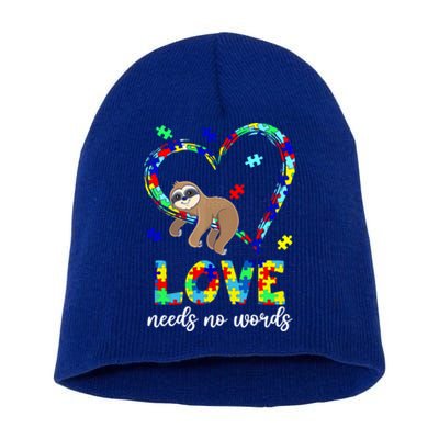 Autism Awareness Cute Gift Sloth Heart Love Needs No Words Cool Gift Short Acrylic Beanie