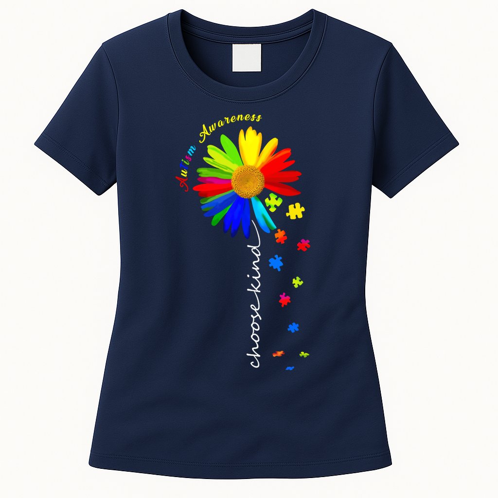 Autism Awareness Choose Kind Sunflower Puzzle Womens T-Shirt