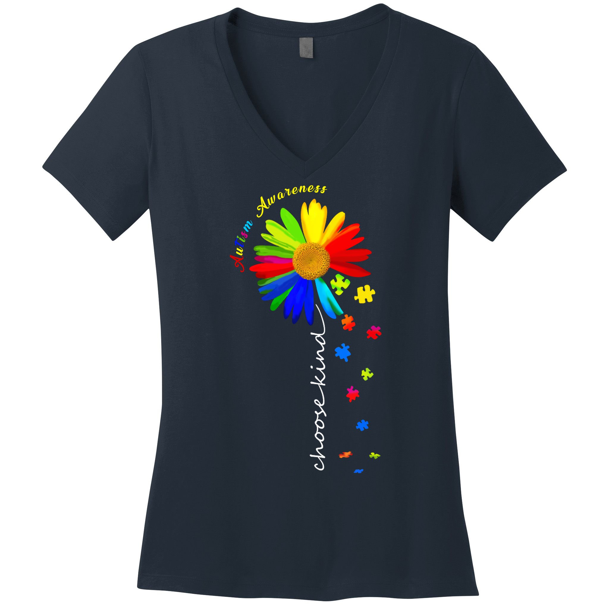 Autism Awareness Choose Kind Sunflower Puzzle Women's V-Neck T-Shirt