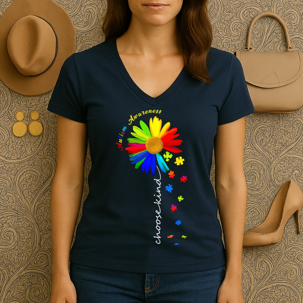 Autism Awareness Choose Kind Sunflower Puzzle Women's V-Neck T-Shirt