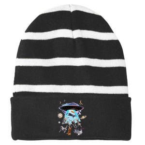 Aliens Abducting Cats Cat Kittens Ufo Saucer Cat Lover Striped Beanie with Solid Band