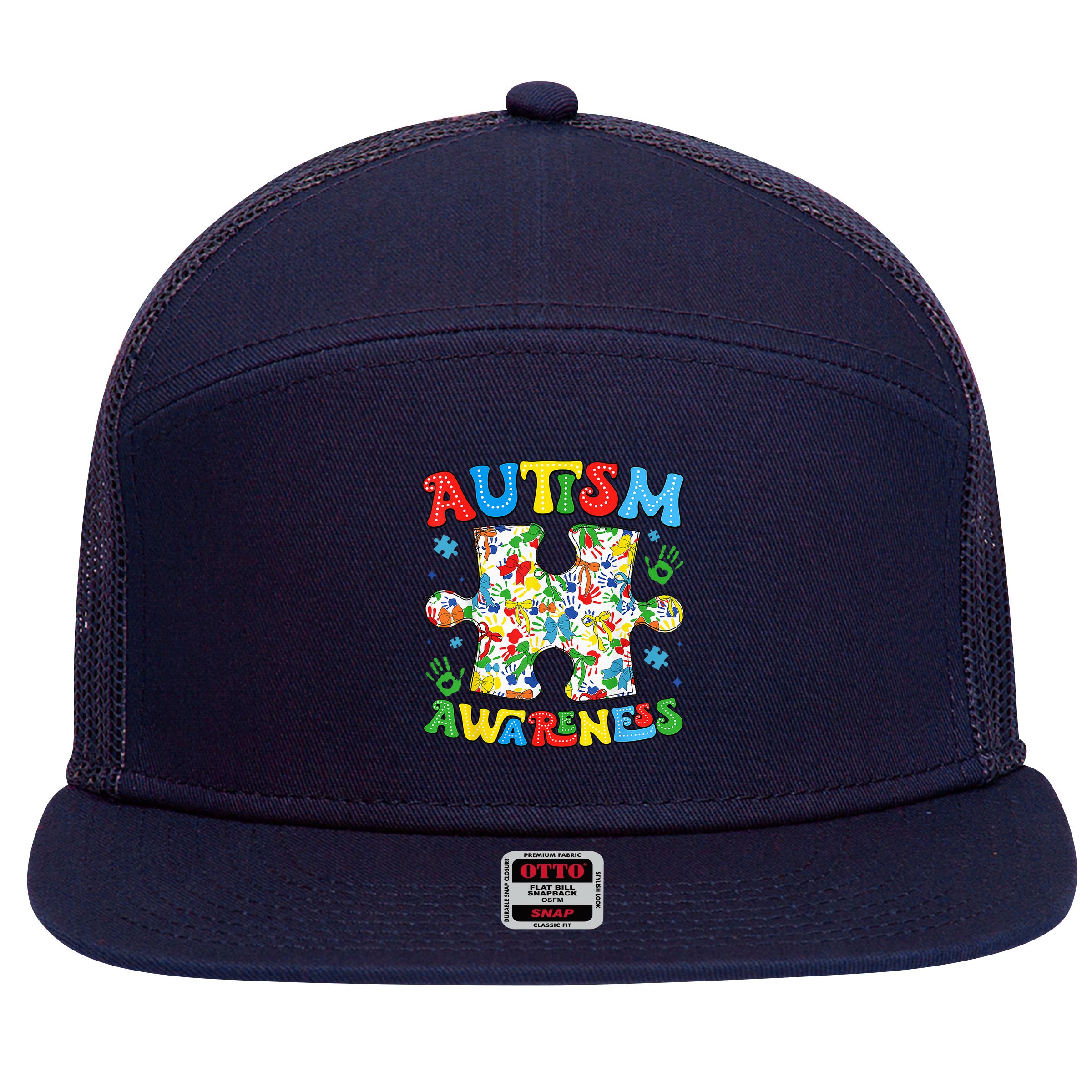 Autism Awareness Coquette Bow Autism Awareness Puzzle Piece 7 Panel Mesh Trucker Snapback Hat