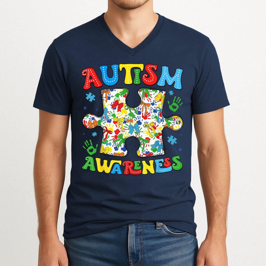 Autism Awareness Coquette Bow Autism Awareness Puzzle Piece V-Neck T-Shirt