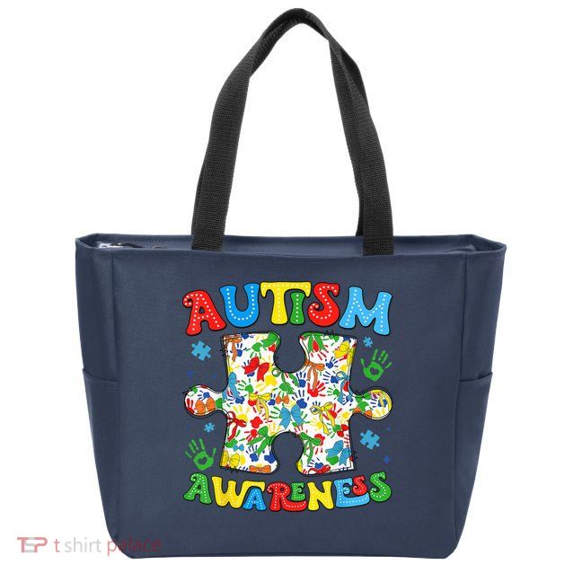 Autism Awareness Coquette Bow Autism Awareness Puzzle Piece Zip Tote Bag