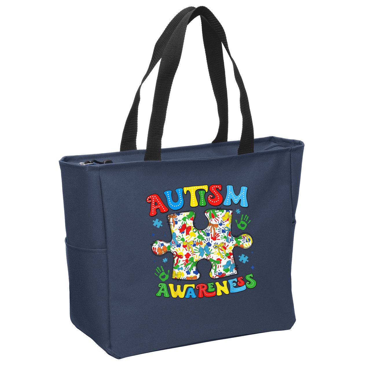 Autism Awareness Coquette Bow Autism Awareness Puzzle Piece Zip Tote Bag