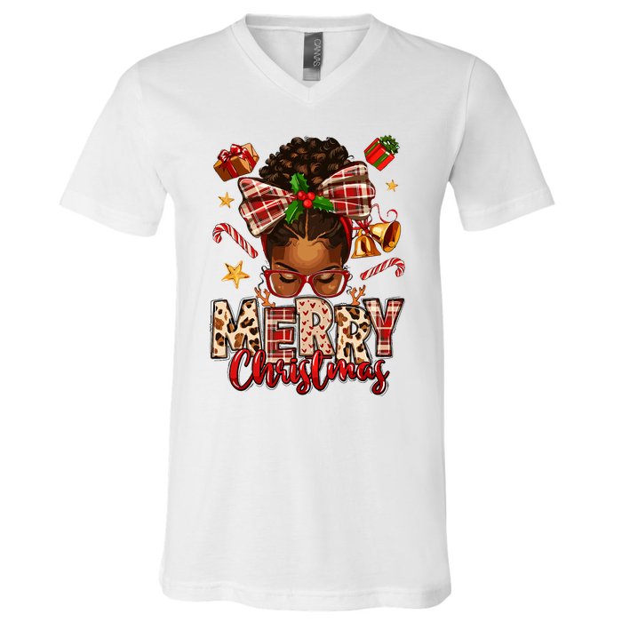 African American Christmas African Black Women Mom Xmas V-Neck T-Shirt