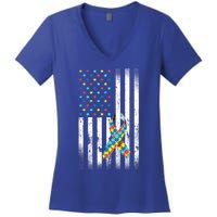 Autism Awareness Day Distressed American Flag Puzzle Ribbon Great Gift Women's V-Neck T-Shirt