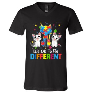 Autism Awareness Day Cat ItS Ok To Be Different V-Neck T-Shirt