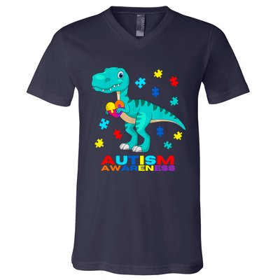 Autism Awareness Dinosaur Colorful Gift V-Neck T-Shirt