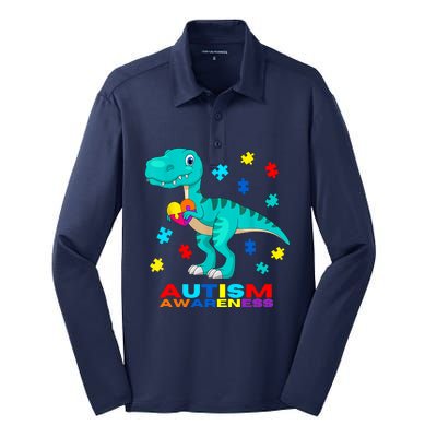 Autism Awareness Dinosaur Colorful Gift Silk Touch Performance Long Sleeve Polo