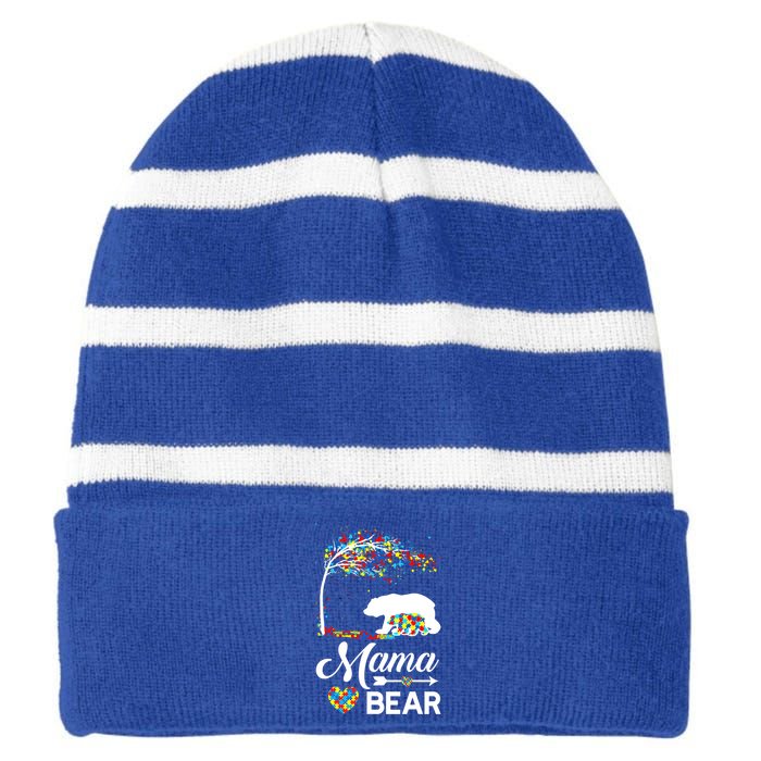 Autism Awareness Day Mama Bear Support Autistic Autism Mom Great Gift Striped Beanie with Solid Band