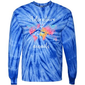 Adventure Awaits Dala World Map Travel Outdoor Camping Gift Tie-Dye Long Sleeve Shirt