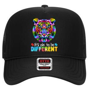 Autism Awareness Day It's OK to be different Colorful Tiger High Crown Mesh Back Trucker Hat