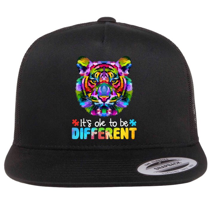 Autism Awareness Day It's OK to be different Colorful Tiger Flat Bill Trucker Hat