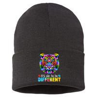 Autism Awareness Day It's OK to be different Colorful Tiger Sustainable Knit Beanie