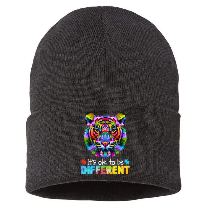 Autism Awareness Day It's OK to be different Colorful Tiger Sustainable Knit Beanie