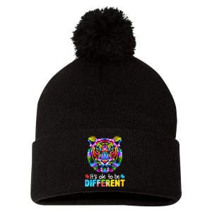 Autism Awareness Day It's OK to be different Colorful Tiger Pom Pom 12in Knit Beanie