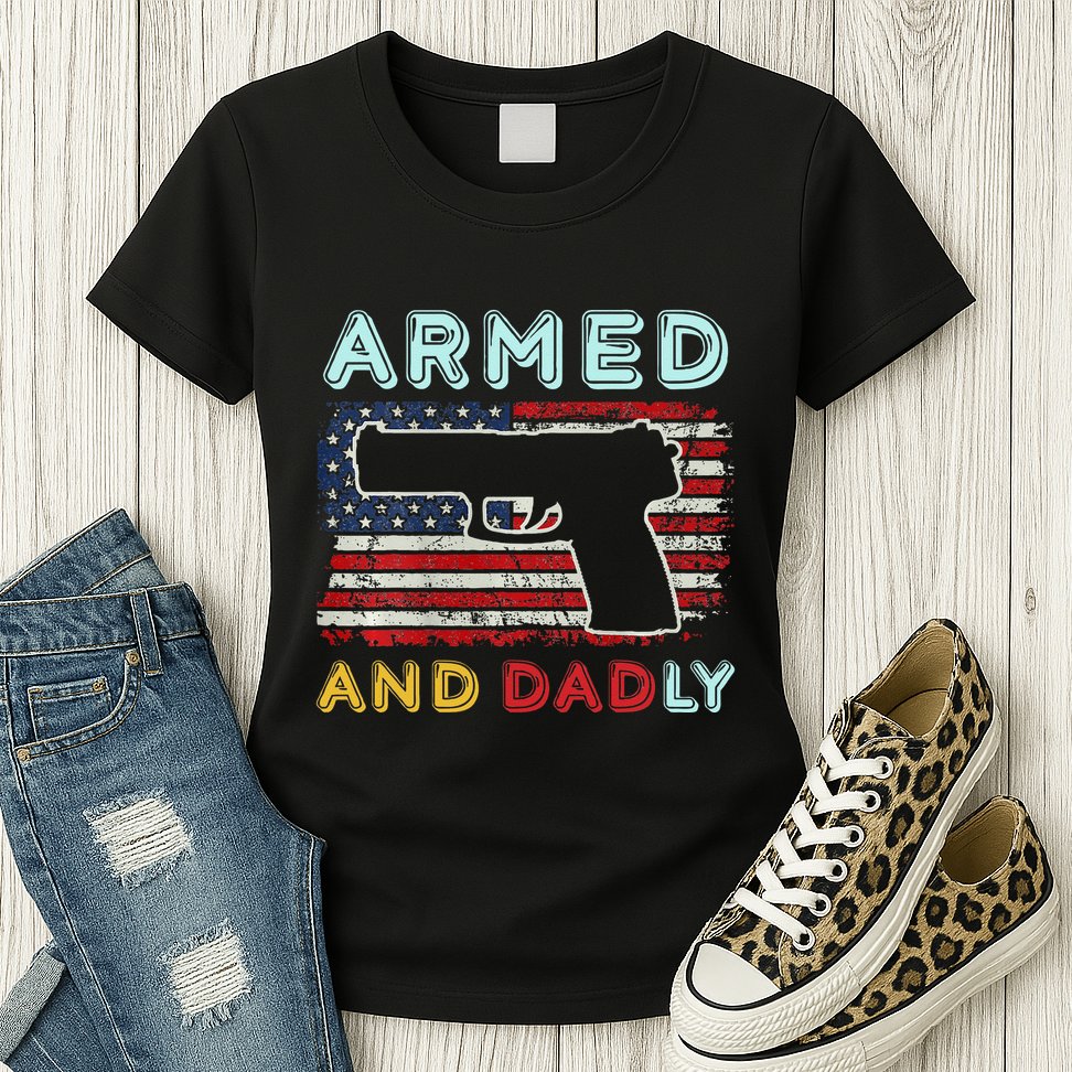 Armed And Dadly Funny Deadly Father Gift For Father's Day Womens T-Shirt