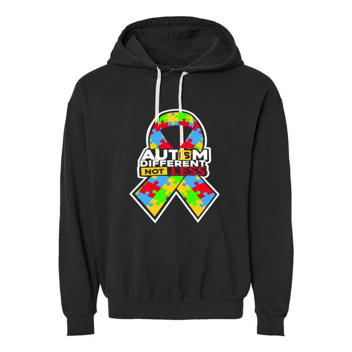Autism Awareness Different Not Less Puzzle Ribbon Garment-Dyed Fleece Hoodie