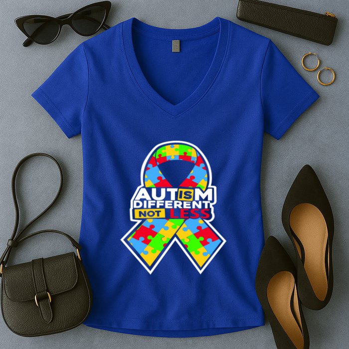 Autism Awareness Different Not Less Puzzle Ribbon Women's V-Neck T-Shirt