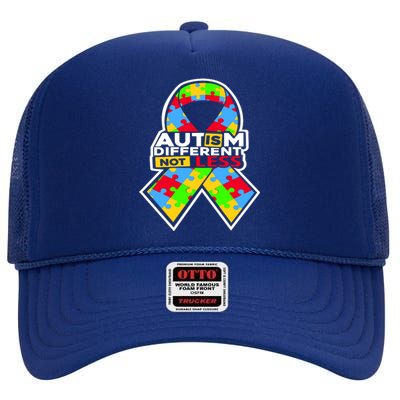 Autism Awareness Different Not Less Puzzle Ribbon High Crown Mesh Back Trucker Hat