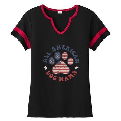 All American Dog Mama Retro | Dog Paw Flag Ladies Halftime Notch Neck Tee