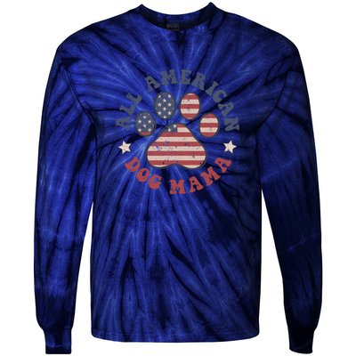 All American Dog Mama Retro | Dog Paw Flag Tie-Dye Long Sleeve Shirt