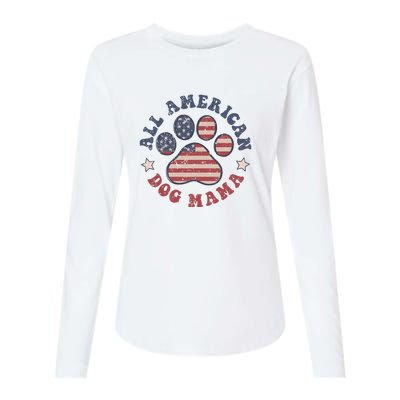 All American Dog Mama Retro | Dog Paw Flag Womens Cotton Relaxed Long Sleeve T-Shirt