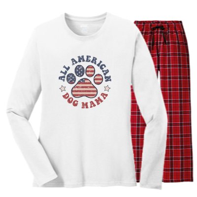 All American Dog Mama Retro | Dog Paw Flag Women's Long Sleeve Flannel Pajama Set 