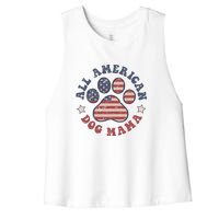 All American Dog Mama Retro | Dog Paw Flag Women's Racerback Cropped Tank