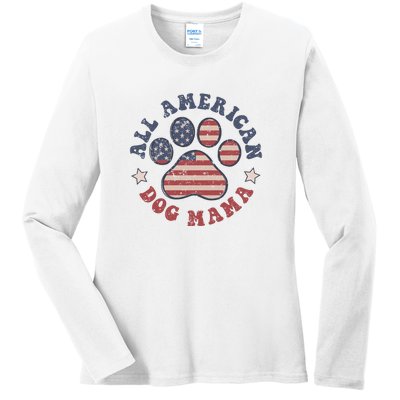 All American Dog Mama Retro | Dog Paw Flag Ladies Long Sleeve Shirt