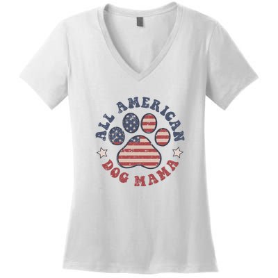 All American Dog Mama Retro | Dog Paw Flag Women's V-Neck T-Shirt