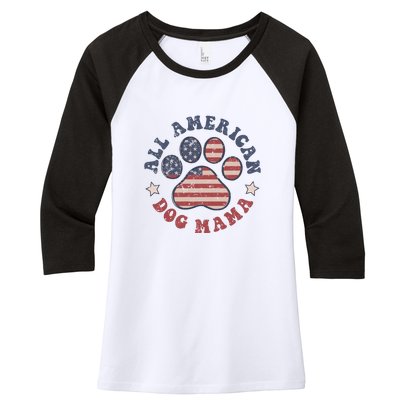 All American Dog Mama Retro | Dog Paw Flag Women's Tri-Blend 3/4-Sleeve Raglan Shirt