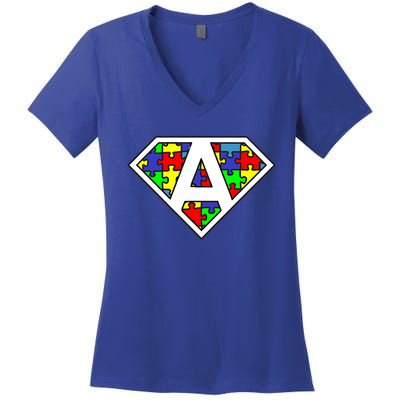 Autism Awareness Day Superhero Funny Gift Women's V-Neck T-Shirt