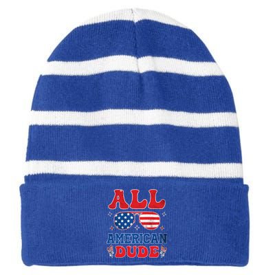 All American Dude 4th Of July Patriotic Teens Cool Gift Striped Beanie with Solid Band