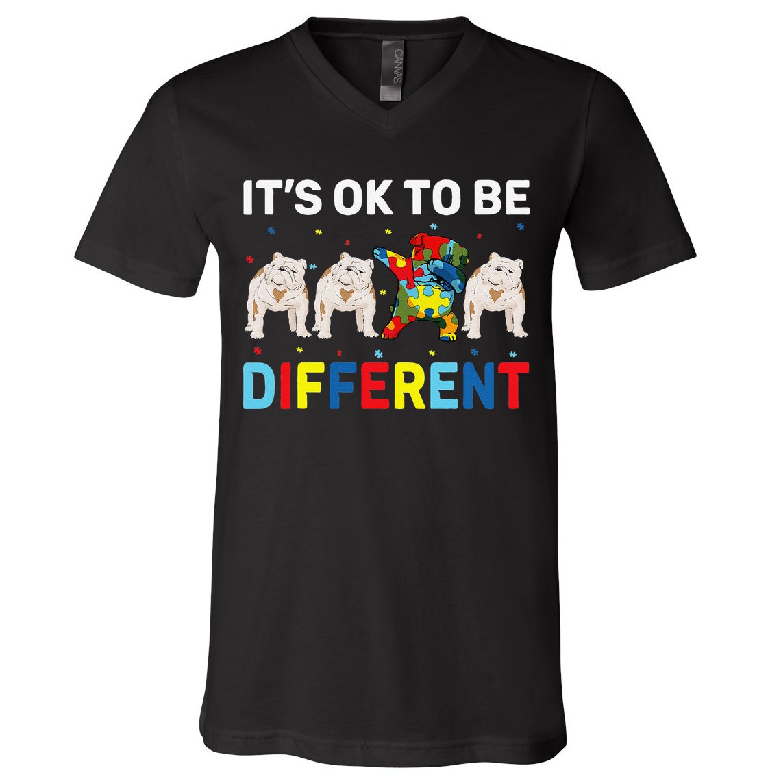 Autism Awareness Day Gift Funny Dabbing English Bulldog V-Neck T-Shirt