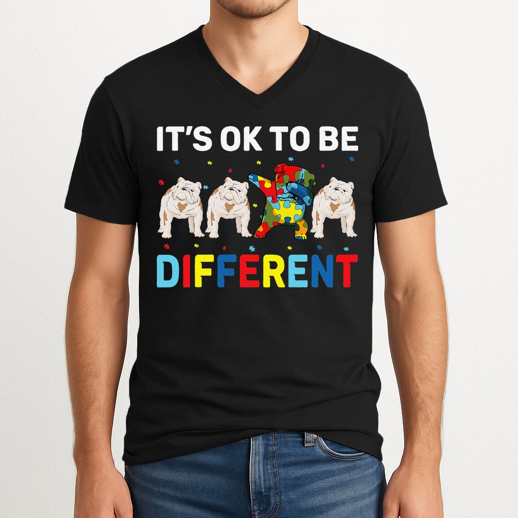 Autism Awareness Day Gift Funny Dabbing English Bulldog V-Neck T-Shirt
