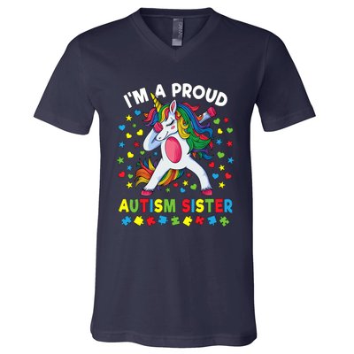 Autism Awareness Dabbing Unicorn Girl Proud Autism Sister V-Neck T-Shirt