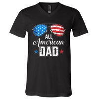 All american dad US flag sunglasses for matching 4th of July V-Neck T-Shirt