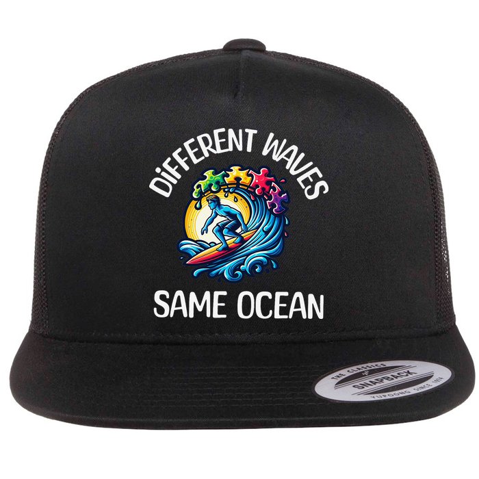 Autism Awareness Different Waves Same Ocean Surf Flat Bill Trucker Hat