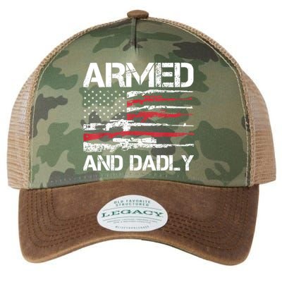 Armed And Dadly Funny Deadly Father For Fathers Day USA Flag Legacy Tie Dye Trucker Hat