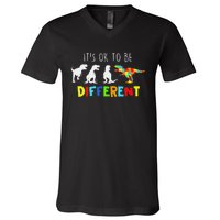 Autism Awareness Dinosaur Kid Boys Its Ok To Be Different V-Neck T-Shirt